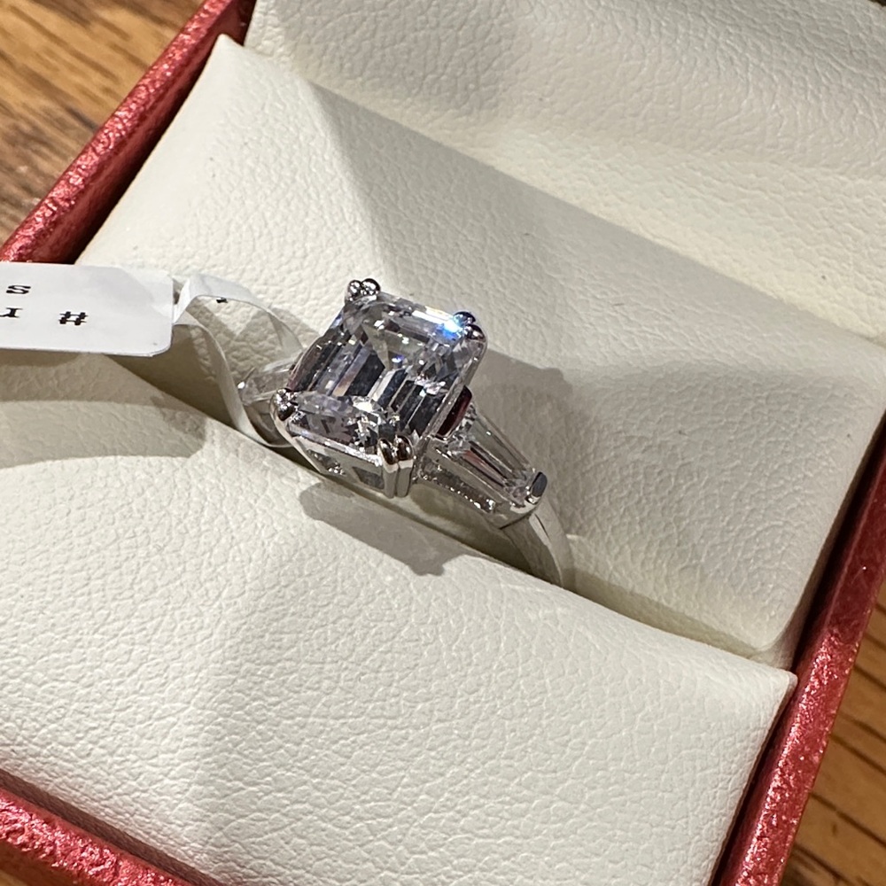 925 Silver 3-Stone Ring Cubic Zirconia Emerald cut with baguette side stones.